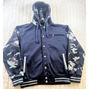 VTG Polo Ralph Lauren Camo Varsity Bomber Jacket Mens Blue Gray Brown Baseball L